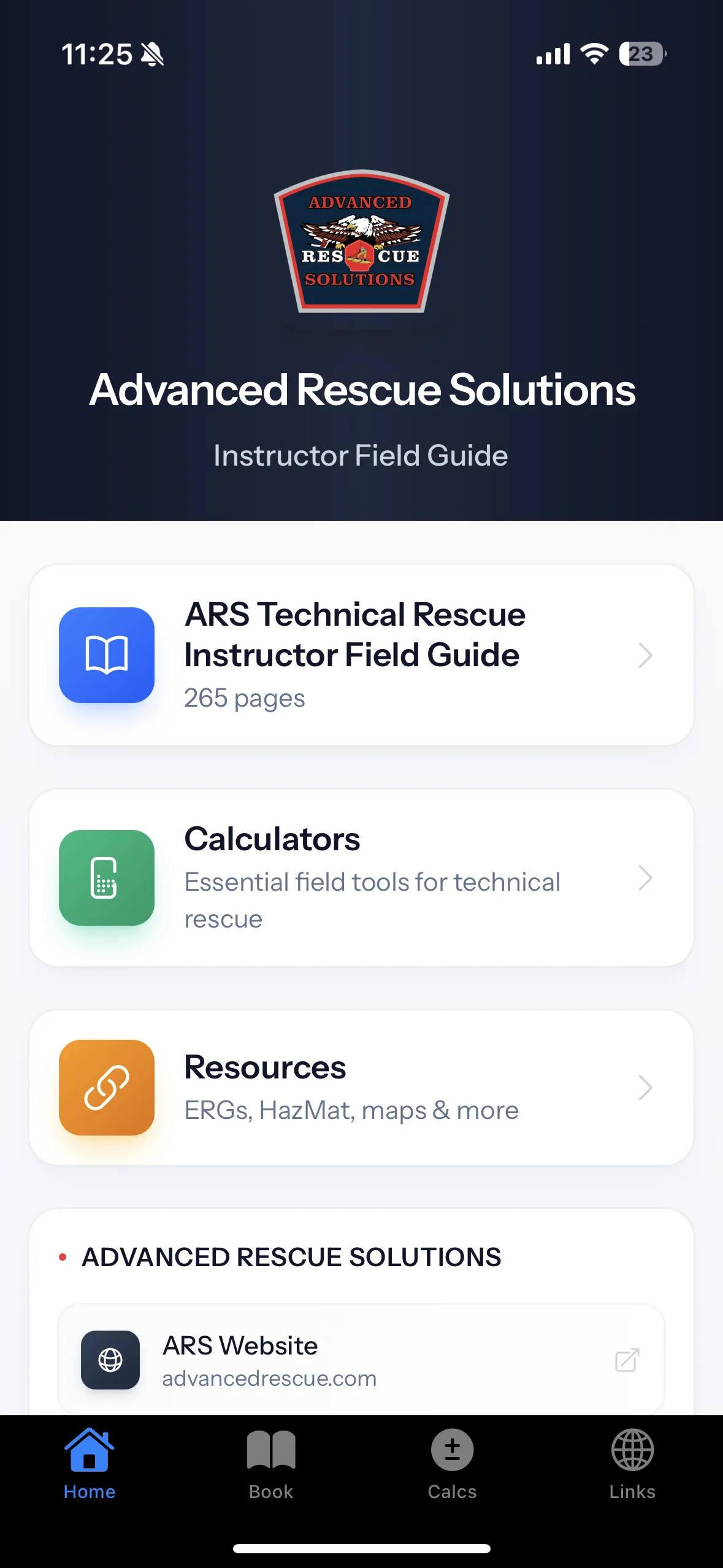 ARS FOG technical rescue field guide app home screen showing field guide, calculators, resources, and emergency contacts