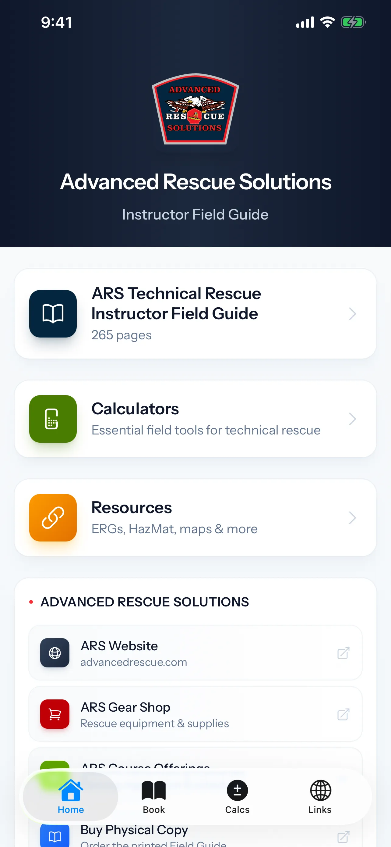 ARS FOG technical rescue field guide app home screen showing field guide, calculators, resources, and emergency contacts